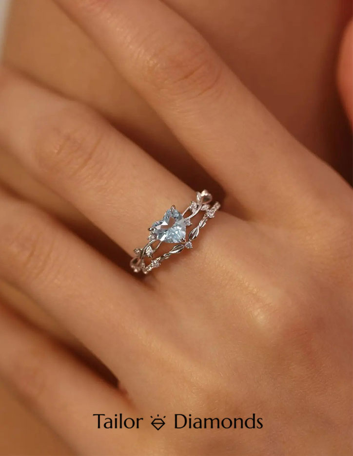 Silver Branch Heart Shaped Light Blue Sapphire Ring