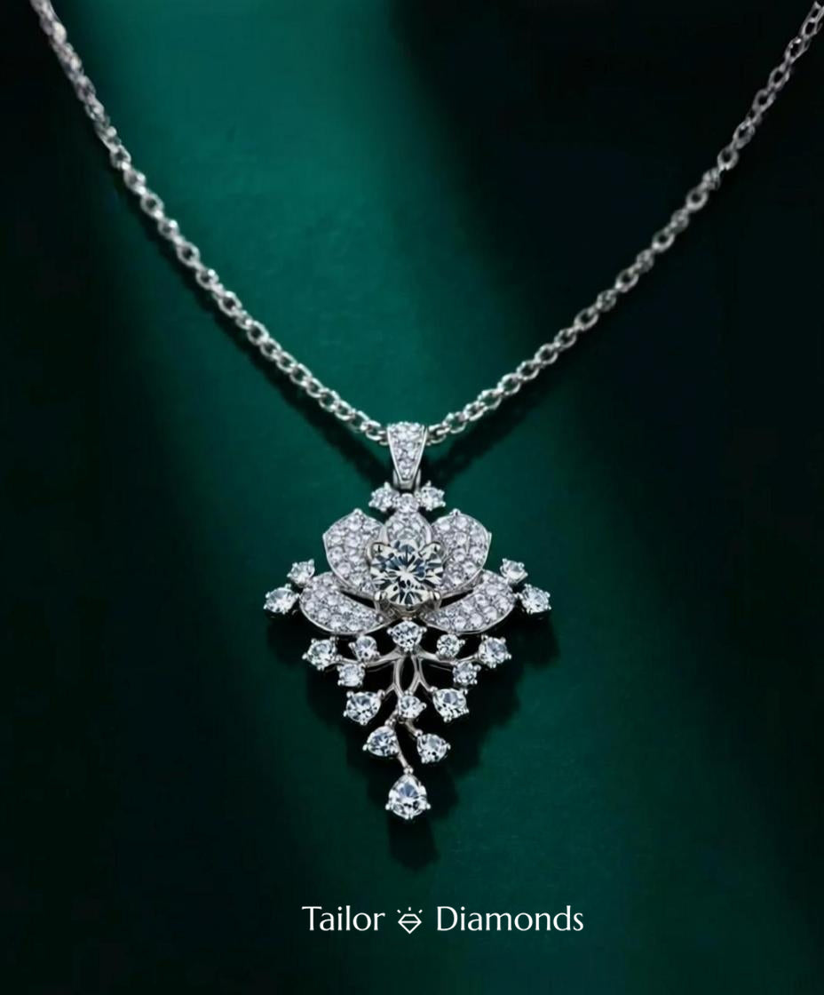 Silver Branch Leaf Full Diamond Halo Cubic Zirconia Necklace