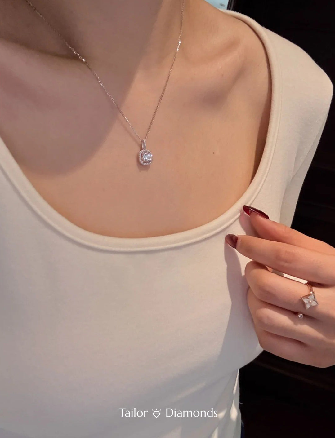 Silver Square Full Diamond Halo Cubic Zirconia Necklace