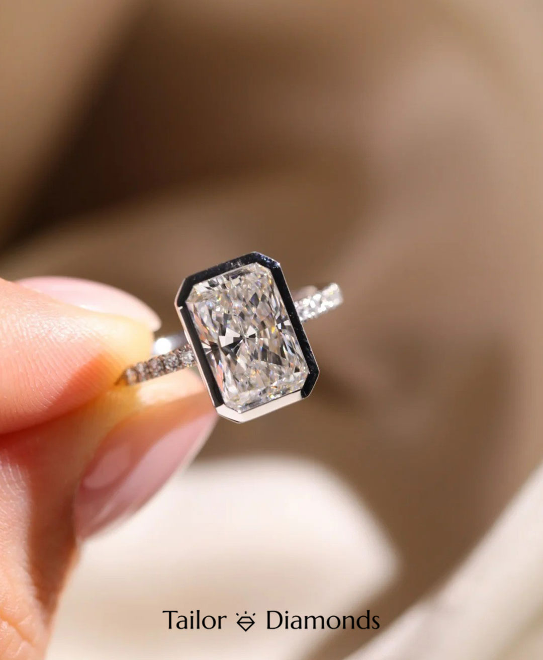 18K White Gold Bezel Set Rectangular Diamond Ring