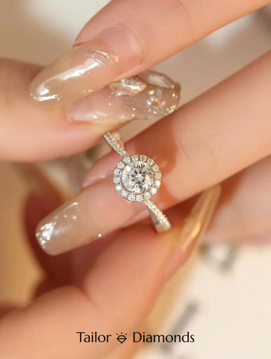 18K White Gold Halo Round Diamond Thin Ring