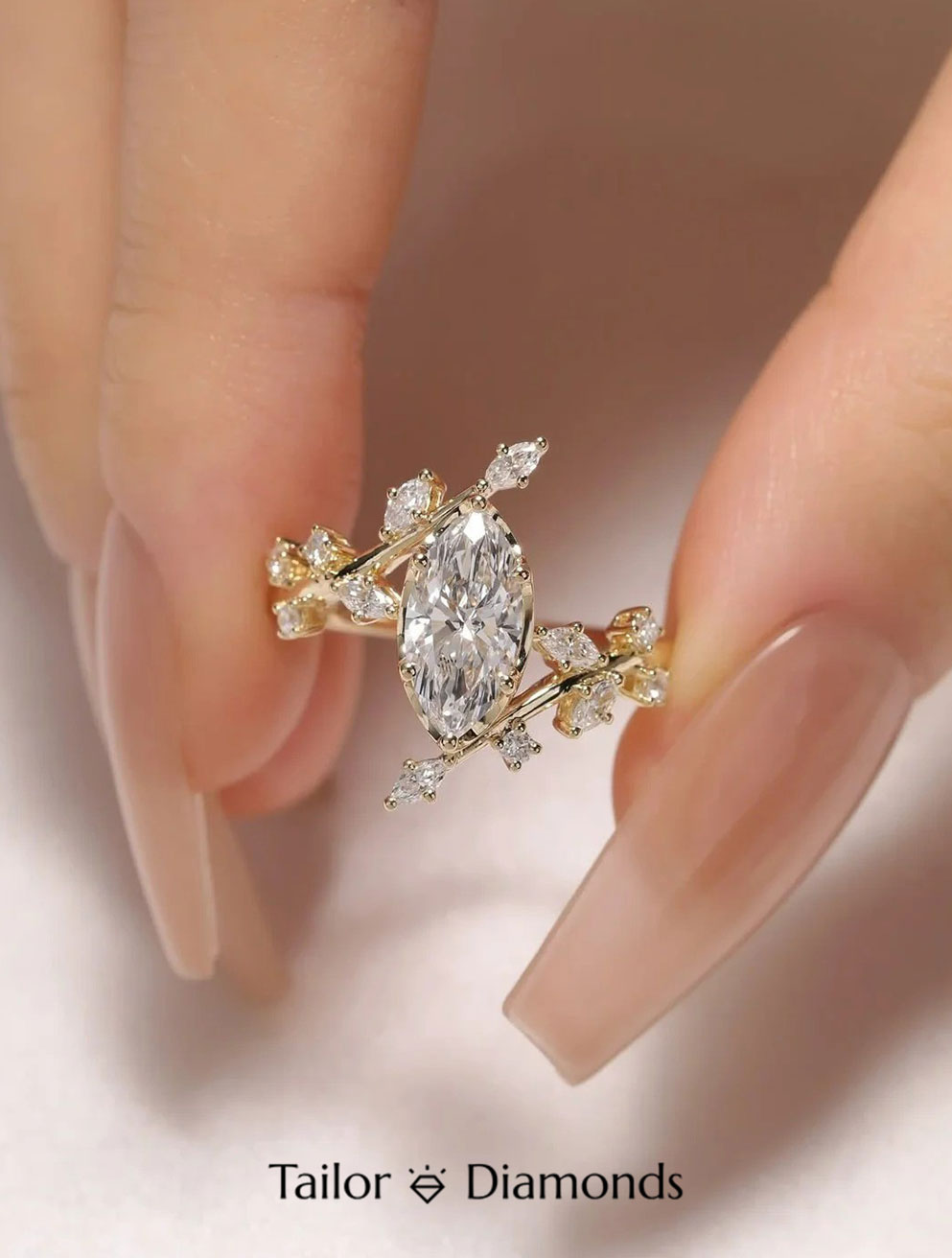 18K Yellow Gold Branch Marquise Diamond Ring
