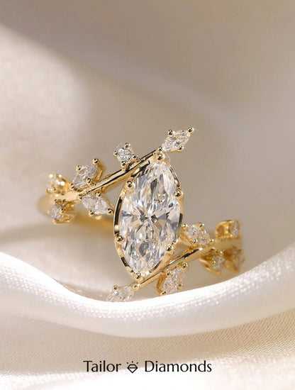 18K Yellow Gold Branch Marquise Diamond Ring