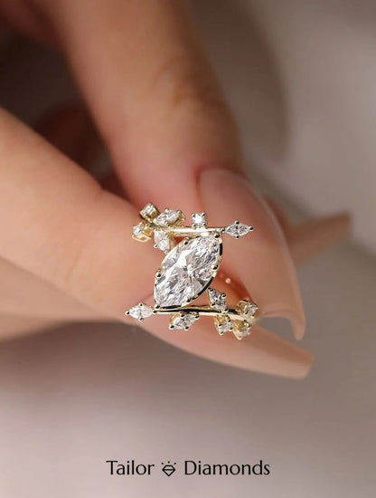 18K Yellow Gold Branch Marquise Diamond Ring