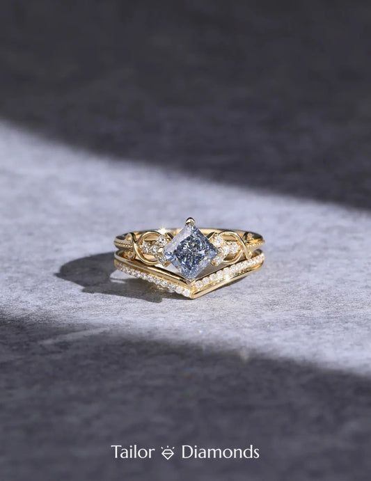 Blue Diamond Double Layer V Shape Ring