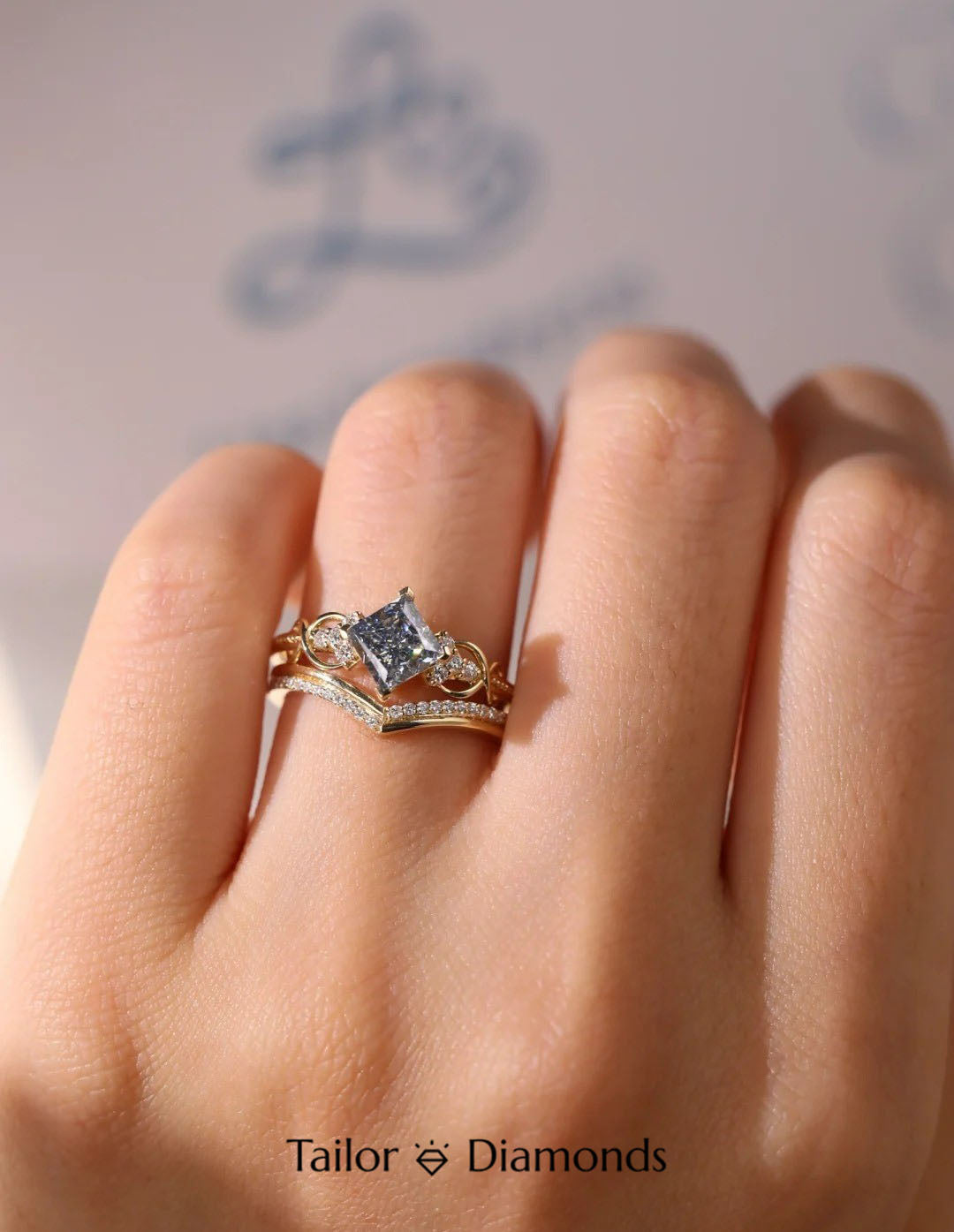 Blue Diamond Double Layer V Shape Ring