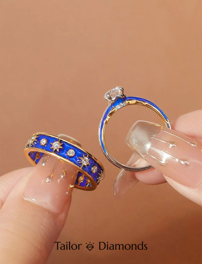 Blue Enamel Star Diamond Couple Ring