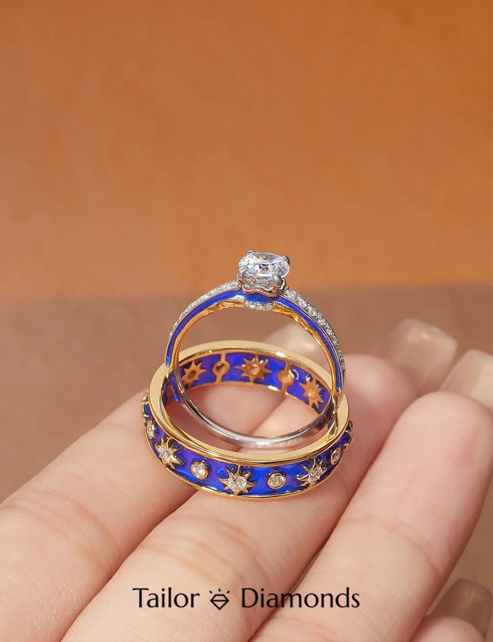 Blue Enamel Star Diamond Couple Ring