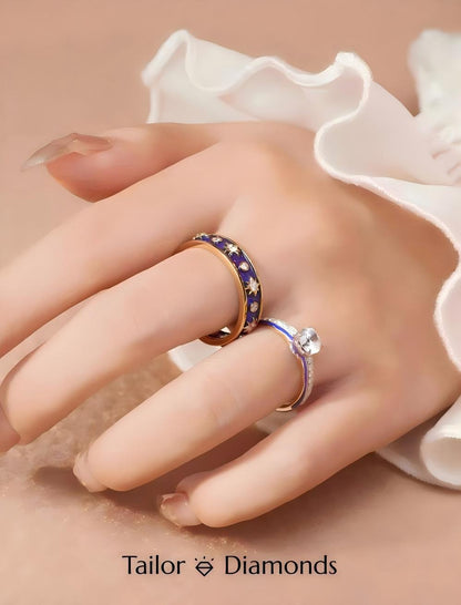 Blue Enamel Star Diamond Couple Ring
