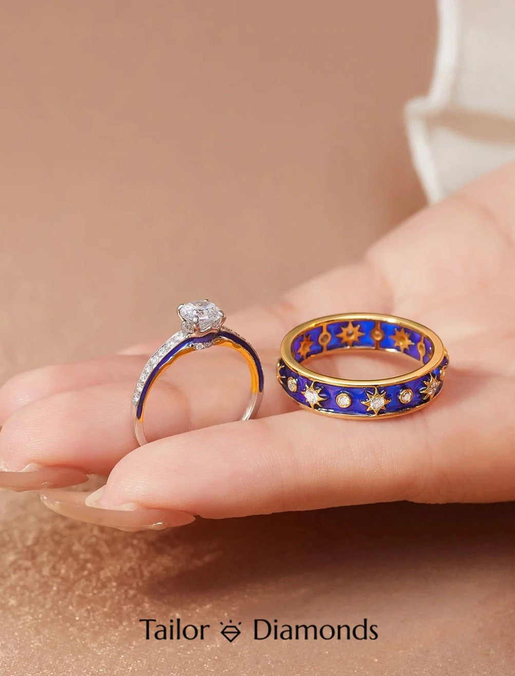 Blue Enamel Star Diamond Couple Ring