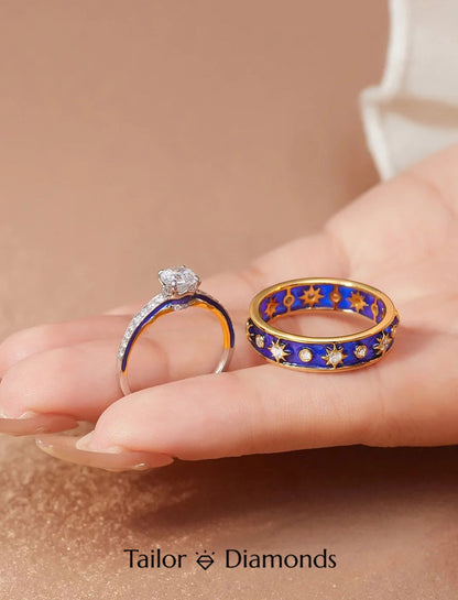 Blue Enamel Star Diamond Couple Ring