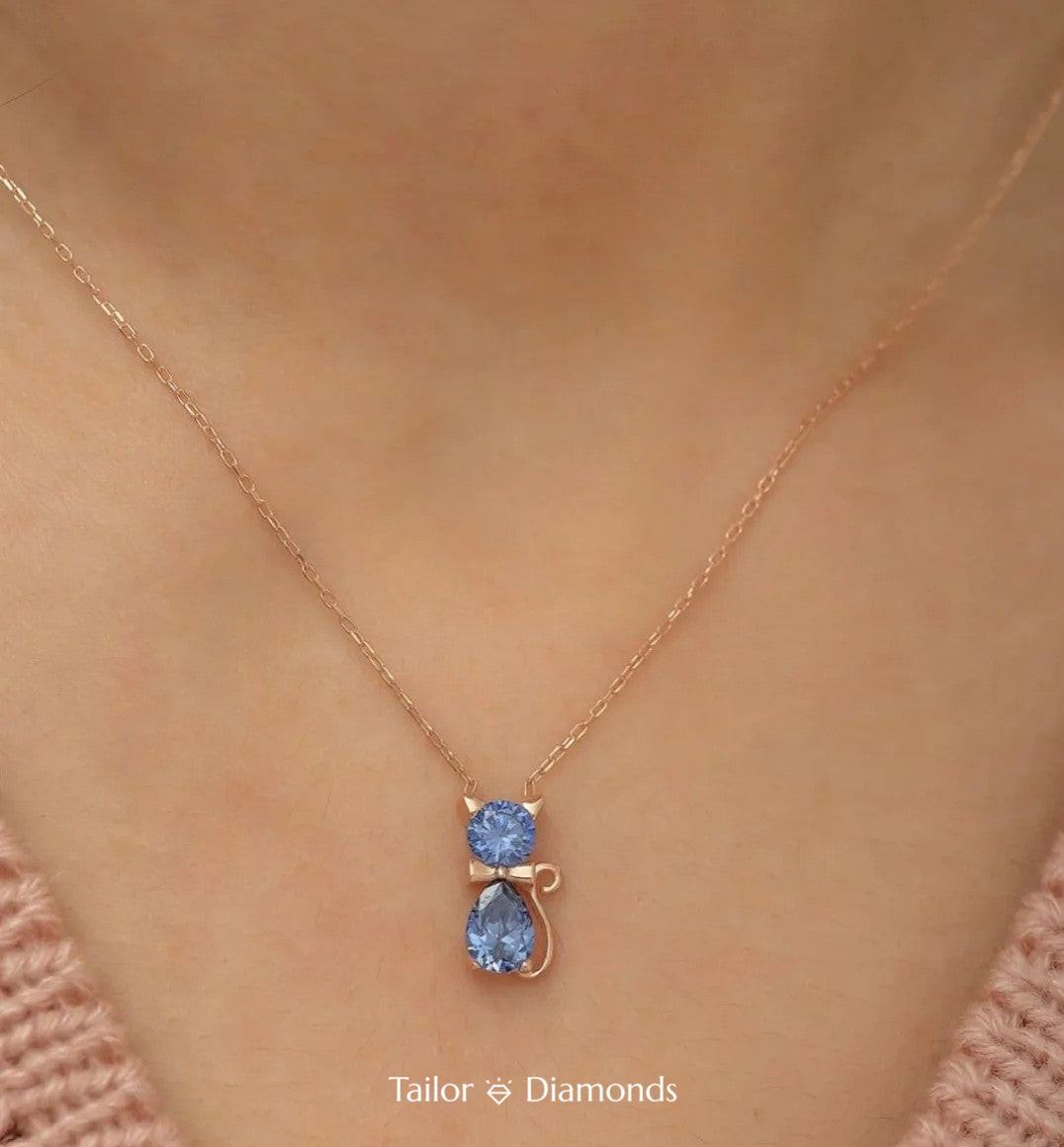 Cute Style Blue Diamond Cat Necklace