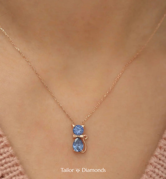 Cute Style Blue Diamond Cat Necklace