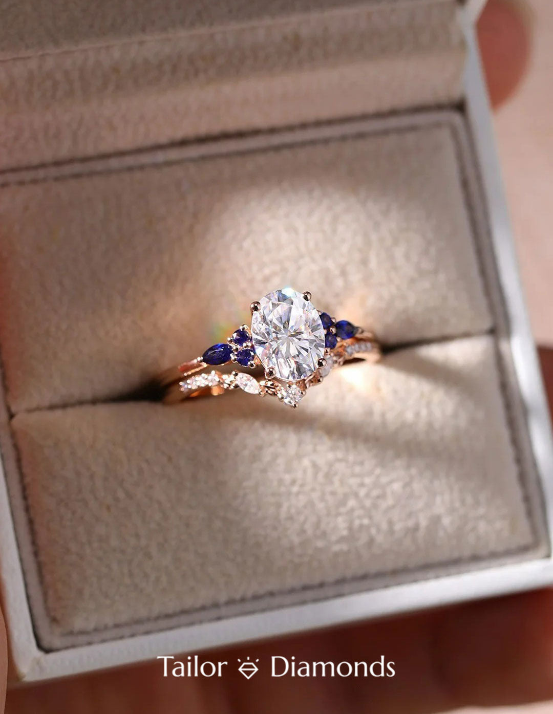 Diamond Claw Oval Diamond Royal Blue Sapphire Ring
