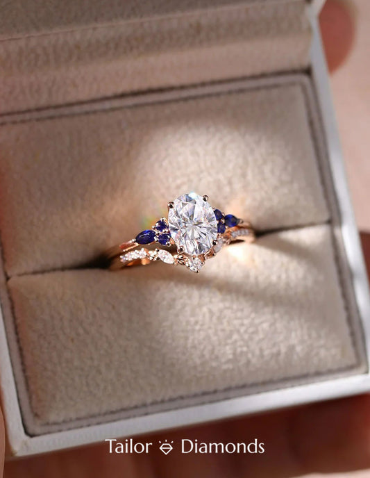 Diamond Claw Oval Diamond Royal Blue Sapphire Ring