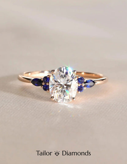 Diamond Claw Oval Diamond Royal Blue Sapphire Ring