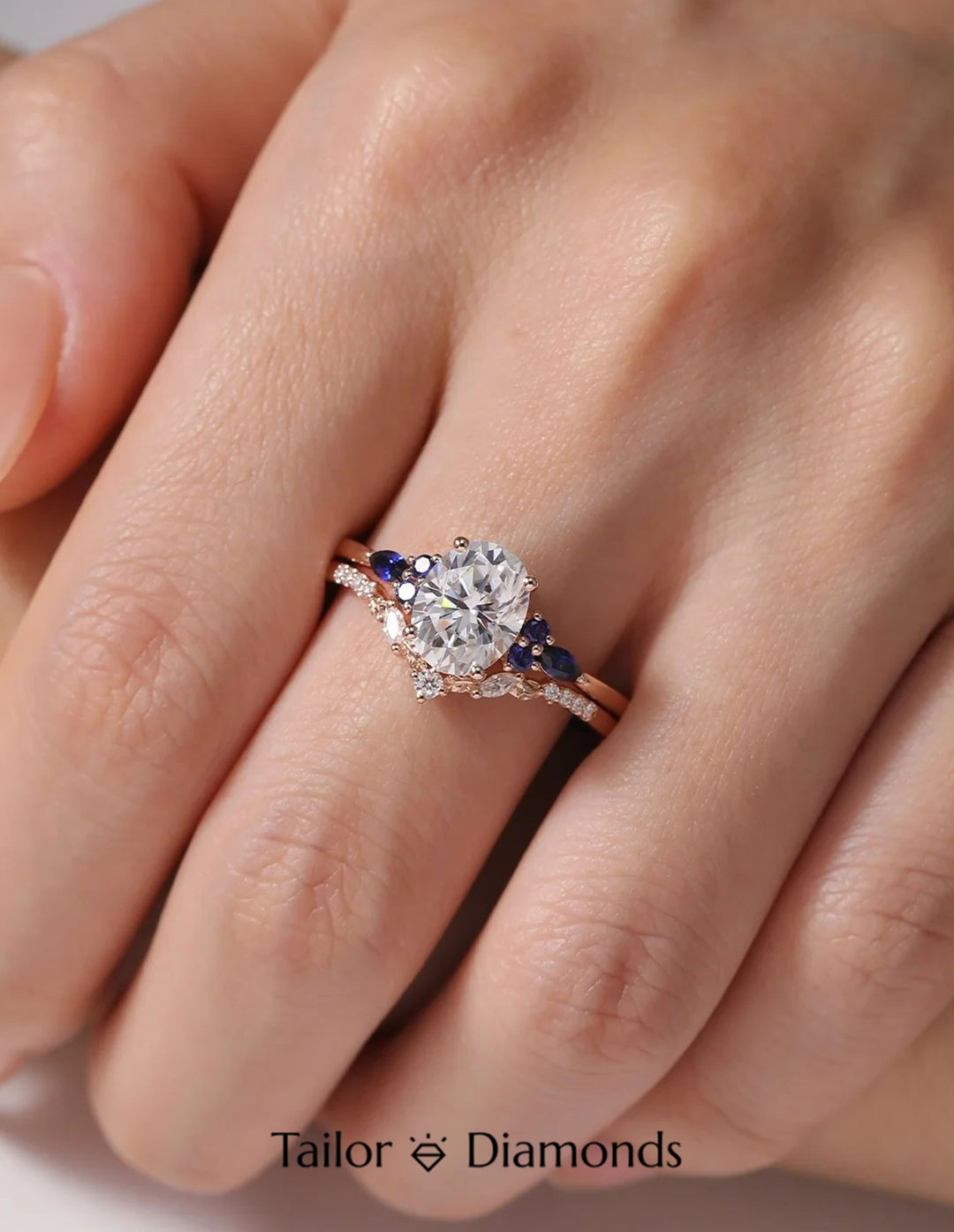 Diamond Claw Oval Diamond Royal Blue Sapphire Ring
