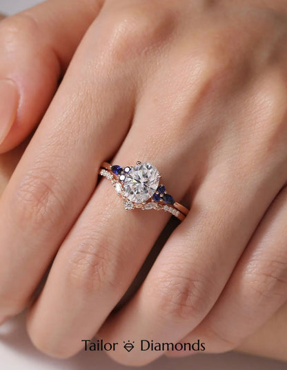 Diamond Claw Oval Diamond Royal Blue Sapphire Ring