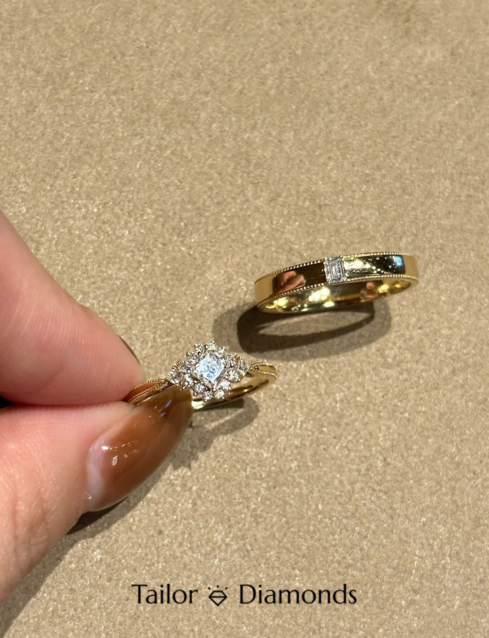 Gold Diamond Plain Band Couple Ring