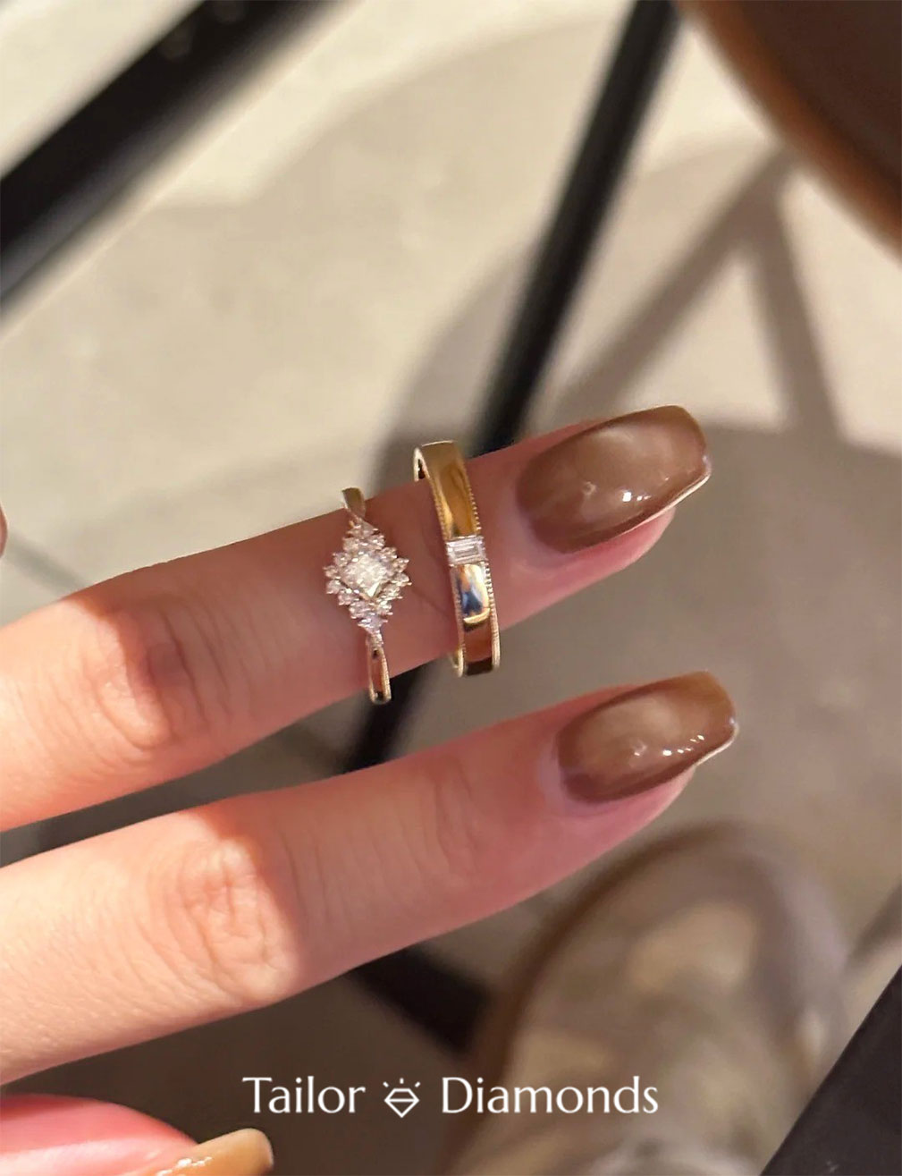 Gold Diamond Plain Band Couple Ring