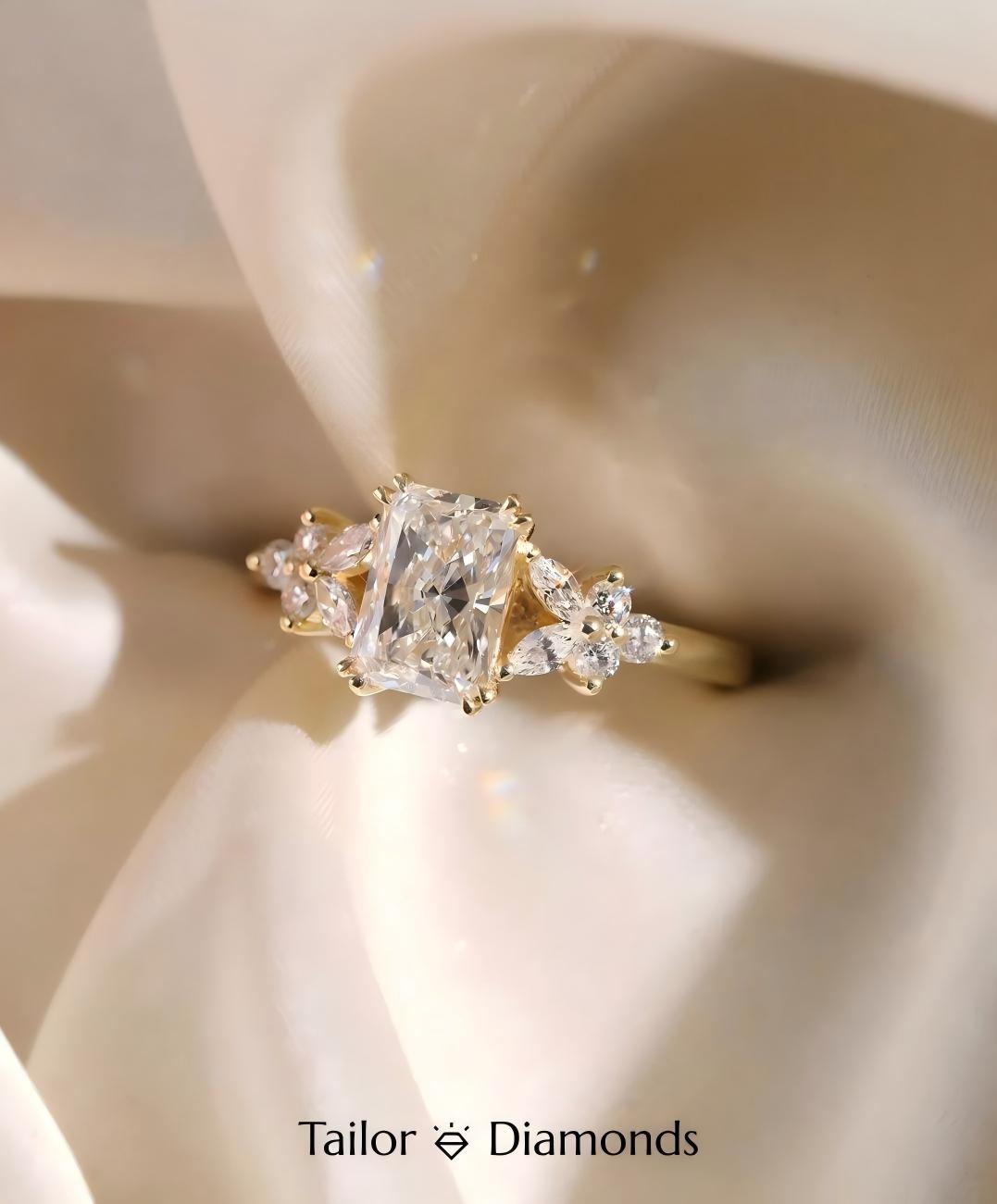 Gold Inlaid Rectangular White Diamond Ring