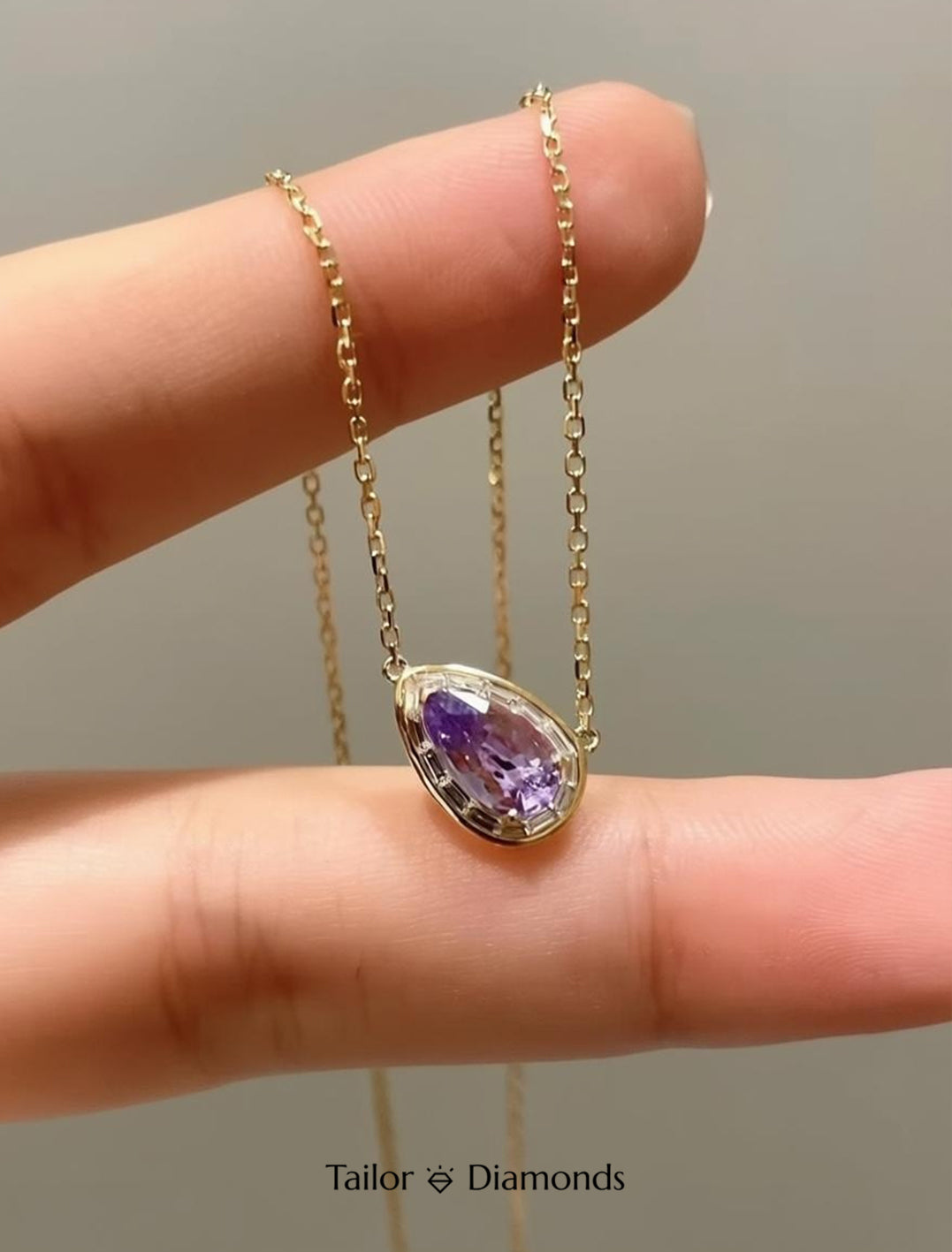Gold Teardrop Amethyst Diamond Necklace