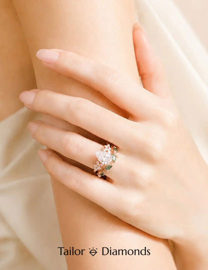 Pear Shaped Diamond Flower Leaf Stacking Ring