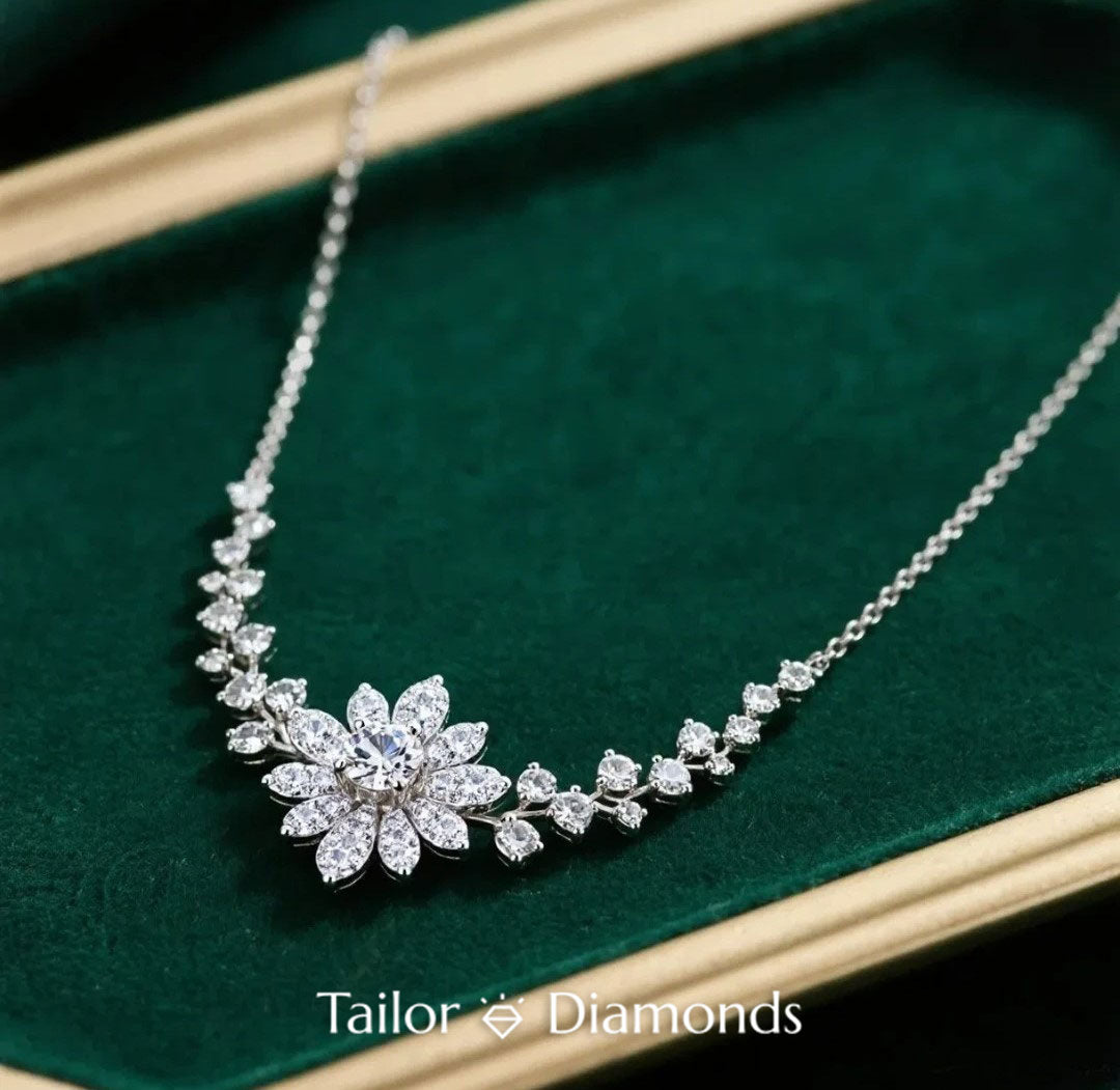 Silver Flower Full Diamond Halo Cubic Zirconia Necklace