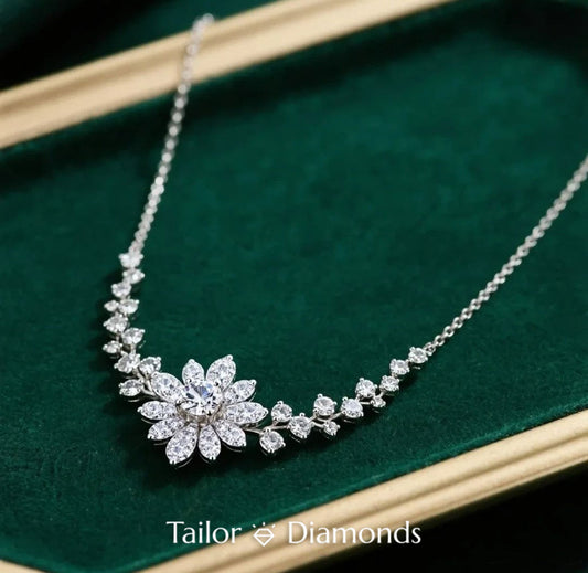 Silver Flower Full Diamond Halo Cubic Zirconia Necklace