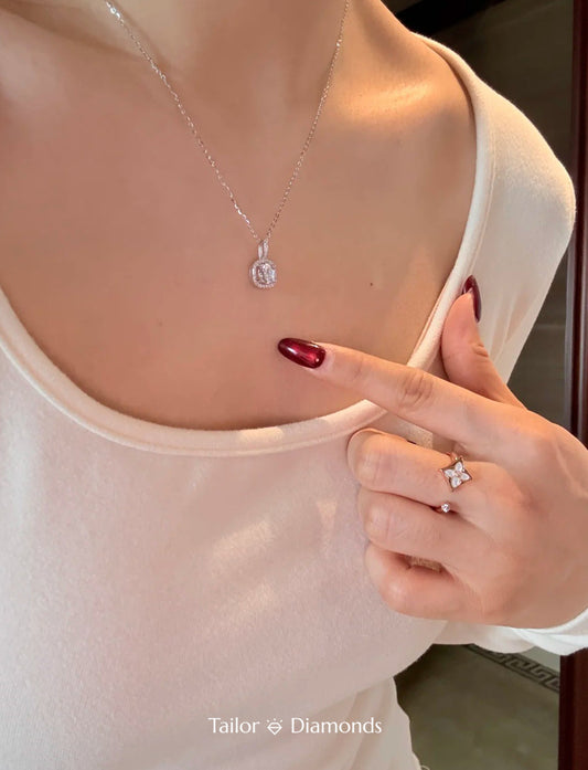 Silver Square Full Diamond Halo Cubic Zirconia Necklace